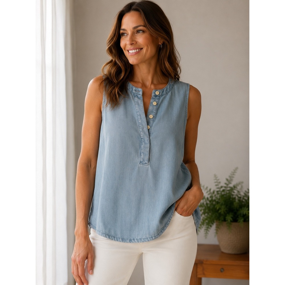 J.Crew Blue Lyocell Chambray Sleeveless Popover Tunic Blouse Light Wash 00P